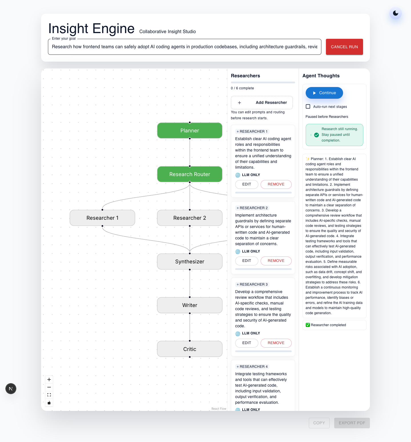 Multi-Agent AI System full-page planner review state in light mode with Continue enabled