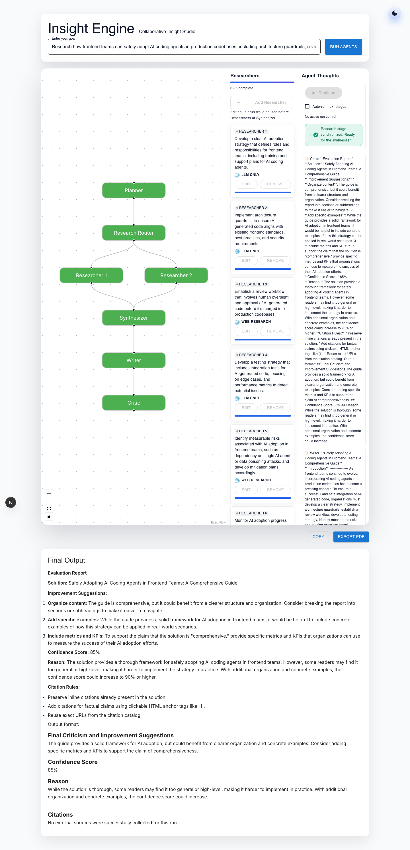 Multi-Agent AI completed workflow in light mode with final output and active Export PDF button