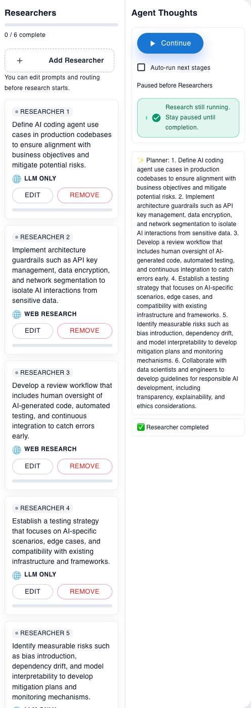 Multi-Agent AI Researchers and Agent Thoughts panels in light mode with Continue enabled
