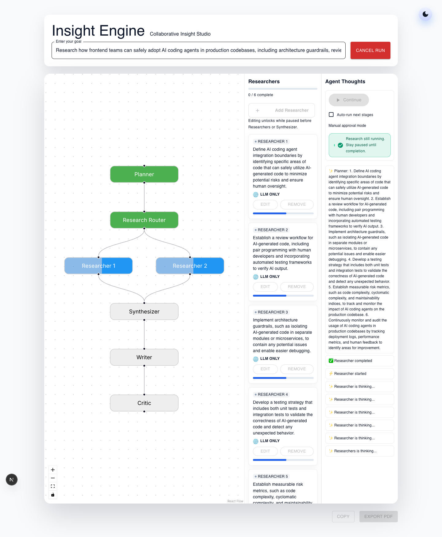 Multi-Agent AI full-page research progress state in light mode after clicking Continue