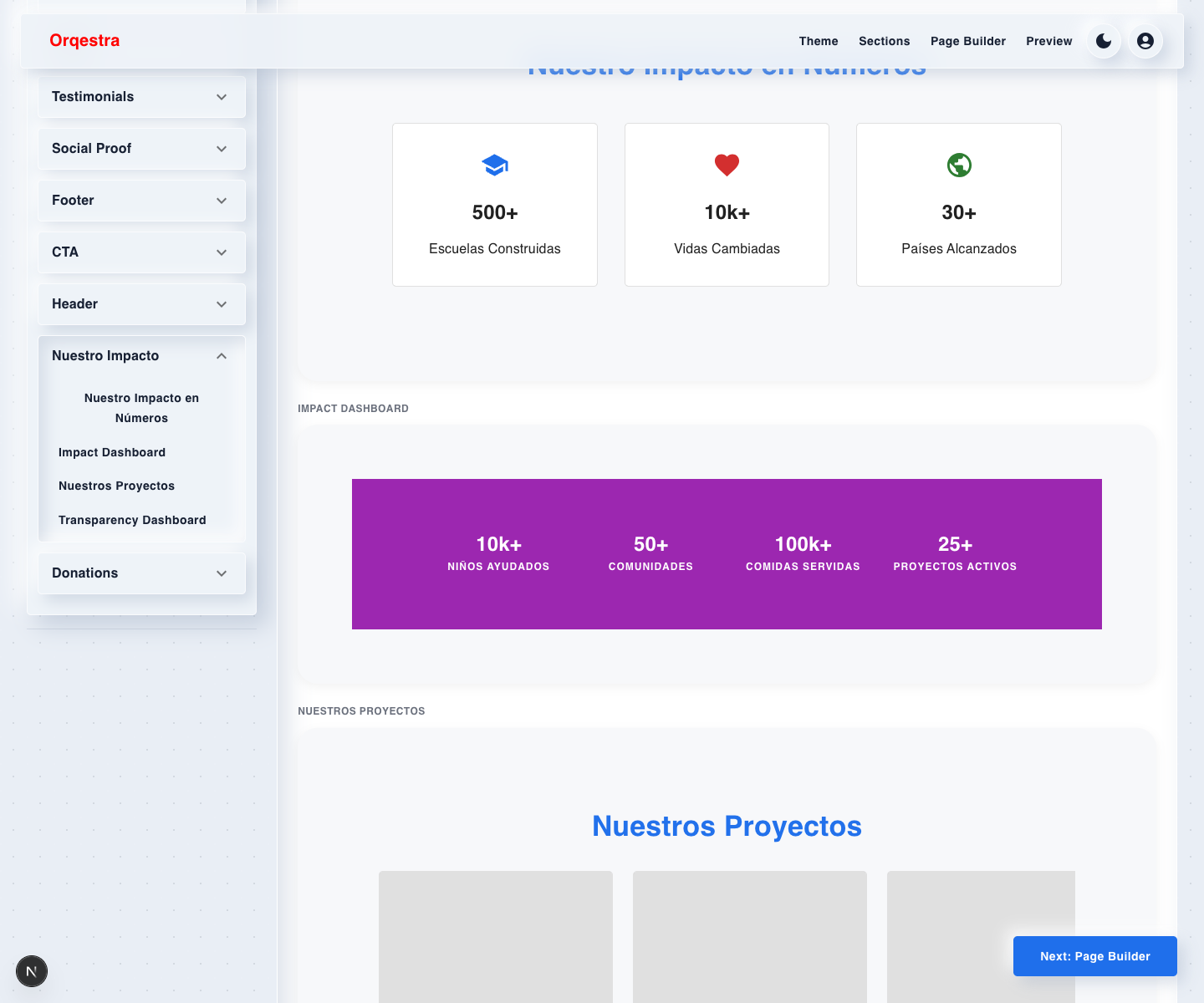 Orqestra Section Builder Nuestro Impacto accordion open in light mode