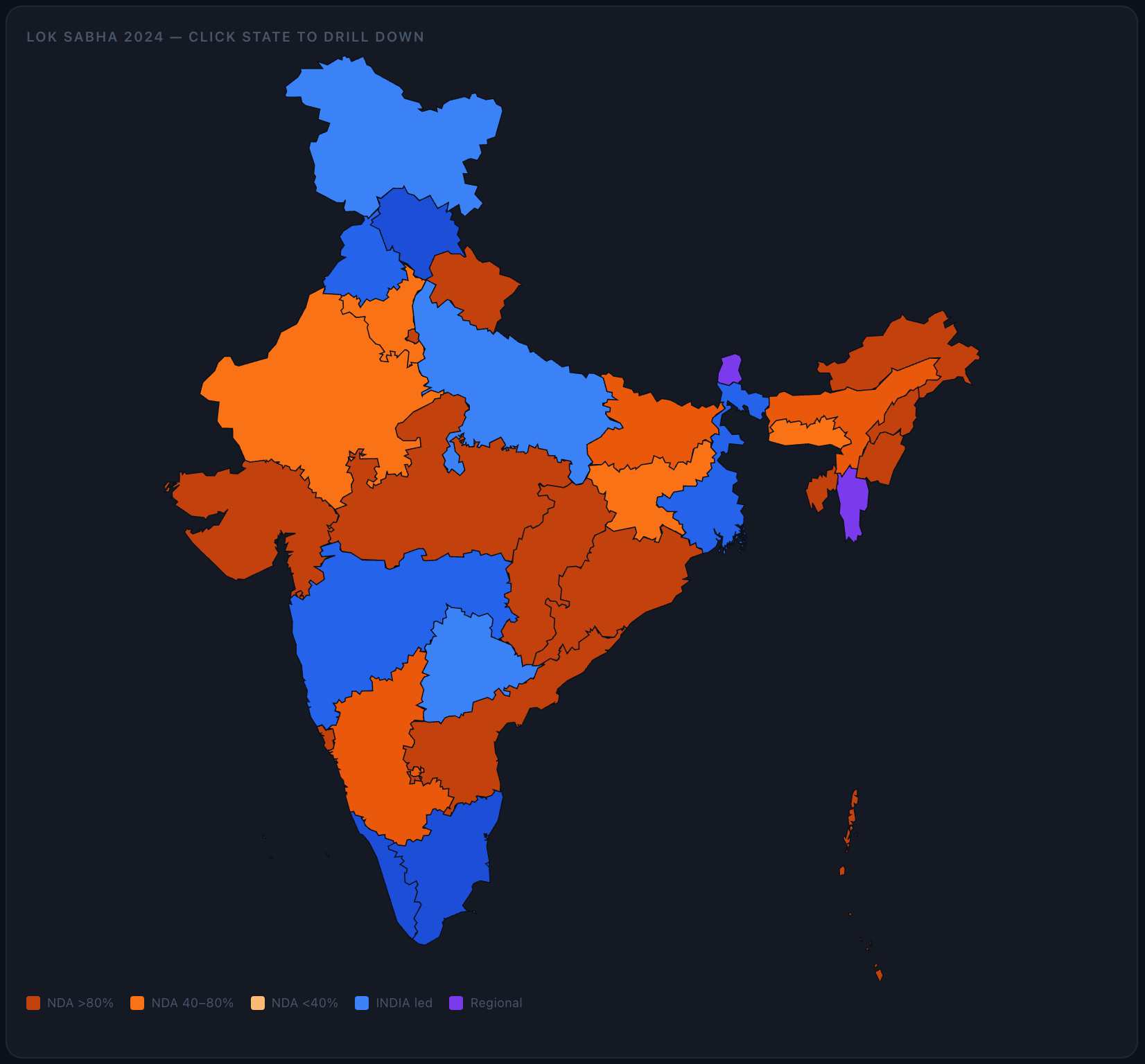 Dark mode India map widget for national election drill-down